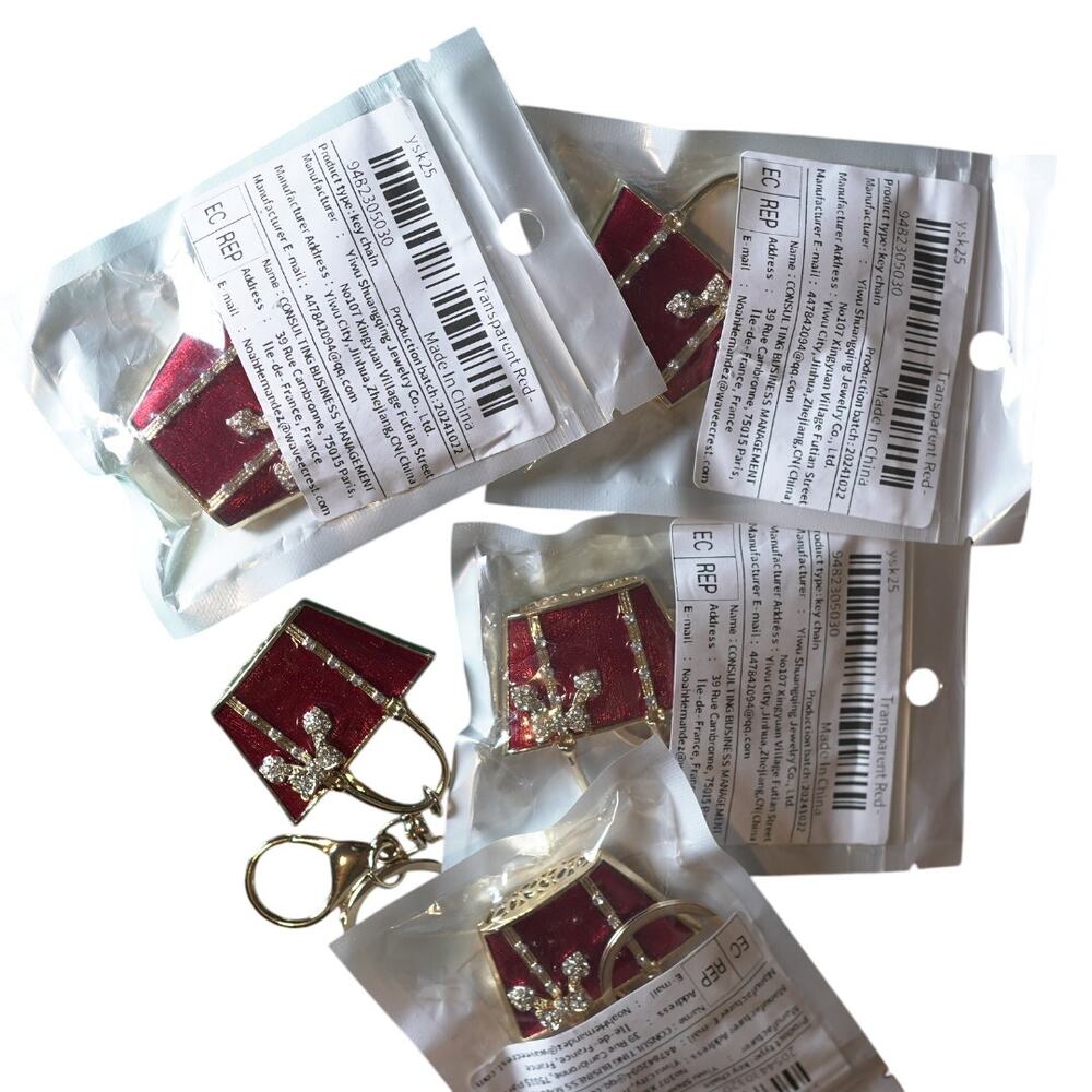 Gold & Red Sculptural Handbag Charm Keyring w/ Bow & Rhinestone Mobwife NWT - Picture 4 of 7
